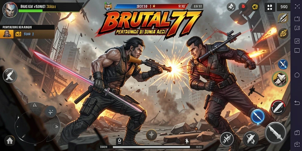 Tangkapan layar utama gameplay <strong>BRUTAL77</strong> menampilkan aksi pertempuran sengit antar karakter.