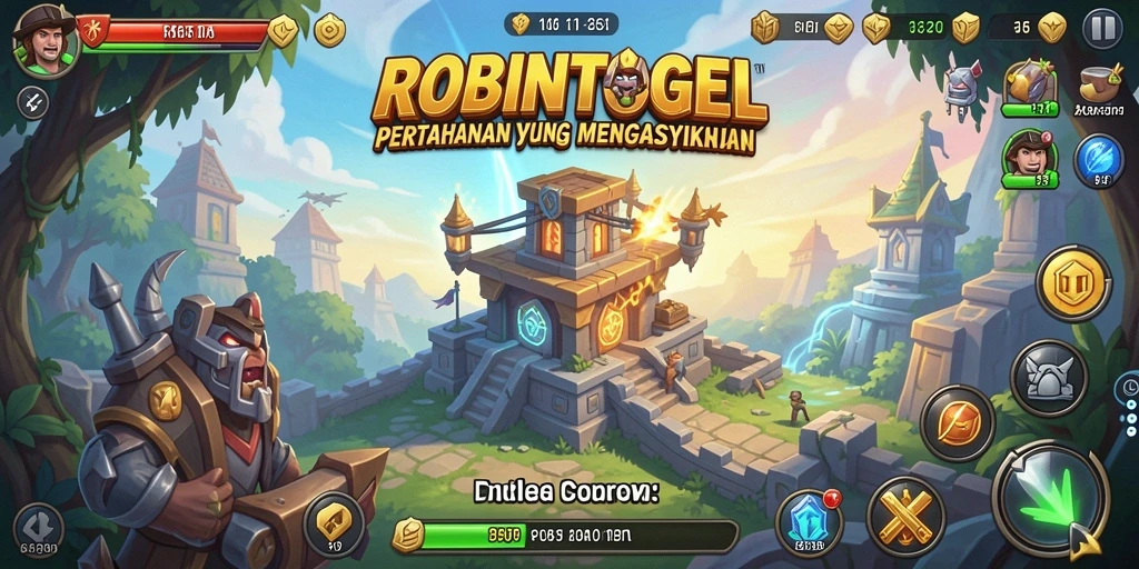 Tangkapan layar utama gameplay ROBINTOGEL menampilkan pertempuran Tower Defense yang seru.