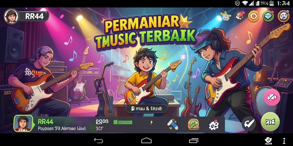 Tampilan gameplay RR44 menampilkan pemain menikmati permainan musik dengan penuh semangat.
