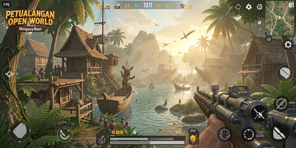 Screenshot gameplay Y89 menampilkan eksplorasi dunia yang luas.